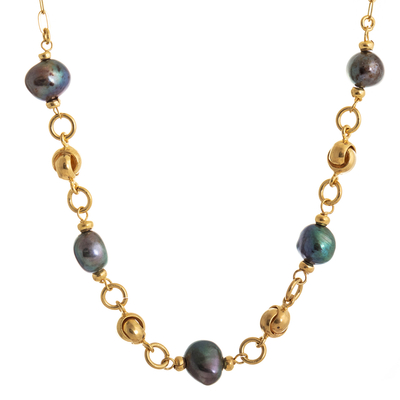 Gold-plated cultured pearl link necklace, 'Rio Elegance' - Cultured Grey Pearl Link Necklace