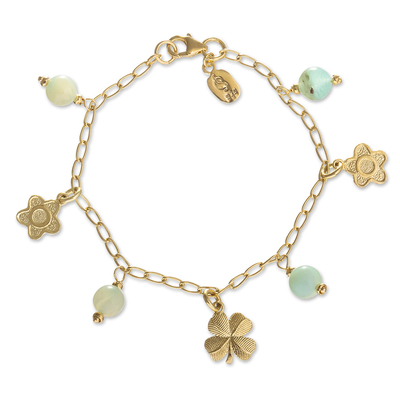 Gold plated opal charm bracelet, 'Lucky Flowers' - Charm Bracelet with Andean Opal
