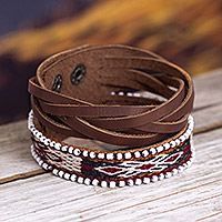 Leather and wool wristband bracelet, 'Cusco Roads' - Textile and Leather Unisex Bracelet