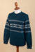 100% alpaca men's sweater, 'Andean Teal Sky' - Men's Knit Teal Sweater Made from 100% Alpaca in Peru (image 2c) thumbail