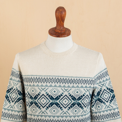 100% alpaca men's sweater, 'Clouds in the Andes' - 100% Alpaca Men's Pullover Sweater with Geometric Design