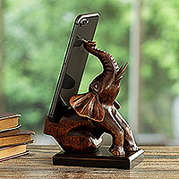 Wood phone holder, 'Prosperity Elephant'