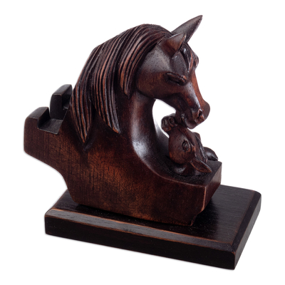 Wood phone holder, 'Mother Mare' - Hand Carved Peruvian Cedar Wood Phone Holder Equine and Foal