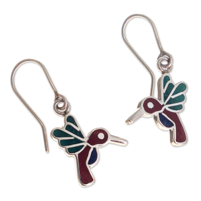 Pendientes colgantes con múltiples piedras preciosas, 'Hummingbird Joy' - Pendientes colgantes de colibrí de plata de ley 950 de Perú