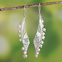 Cultured pearl filigree dangle earrings, 'Gocta Falls' - Filigree Earrings with Cultured Pearls