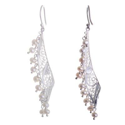 Cultured pearl filigree dangle earrings, 'Gocta Falls' - Filigree Earrings with Cultured Pearls
