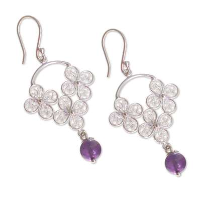Amethyst filigree dangle earrings, 'Pretty Petals' - Sterling Silver Filigree and Amethyst Earrings