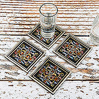 Reverse-painted glass coasters, 'Silver Elegance' (set of 4) - Artisan Hand-Painted Glass Coasters (Set of 4)
