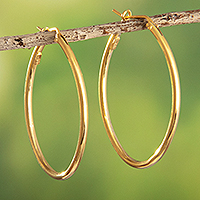 Gold-plated hoop earrings, 'Golden Pampas Cat's Eye' - 18k Gold-Plated Ellipse Hoop Earrings from Peru