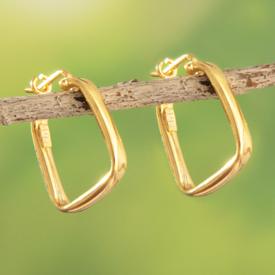 Gold-plated hoop earrings, 'Golden Goddess of the Lakes' - 18k Gold-plated Squared Modern Hoop Earrings from Peru