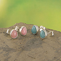 Gemstone stud earrings, 'Santa Ana Tears' (pair) - Sterling Silver Stud Earrings with Opal and Amazonite (Pair)