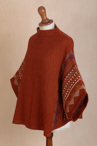 100% baby alpaca poncho sweater, 'Spicy Paprika' - Knit 100% Baby Alpaca Poncho Sweater