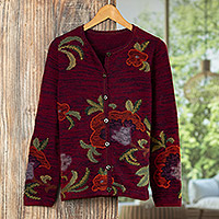 100% alpaca art-knit cardigan, 'Royal Flower' - Floral Themed 100% Alpaca Cardigan from Peru