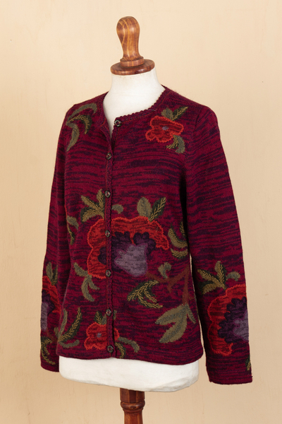 100% alpaca art-knit cardigan, 'Royal Flower' - Floral Themed 100% Alpaca Cardigan from Peru