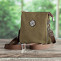 Cotton shoulder bag, 'Olive Delight' - Adjustable Olive Cotton Shoulder Bag Handmade in Peru