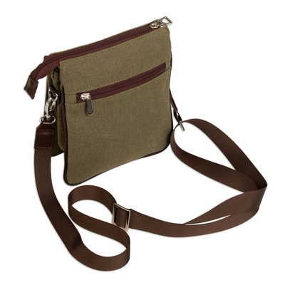 Cotton shoulder bag, 'Olive Delight' - Adjustable Olive Cotton Shoulder Bag Handmade in Peru