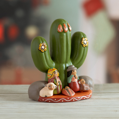 Ceramic nativity sculpture, 'Cactus Flower Nativity' - Handcrafted Ceramic Andean Nativity Scene from Peru