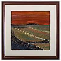 'Crepúsculo en la bahía' - Pintura de paisaje marino original enmarcada