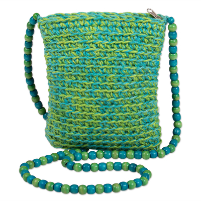 Green and Turquoise Bag Knit from Jute with Cheesewood Beads