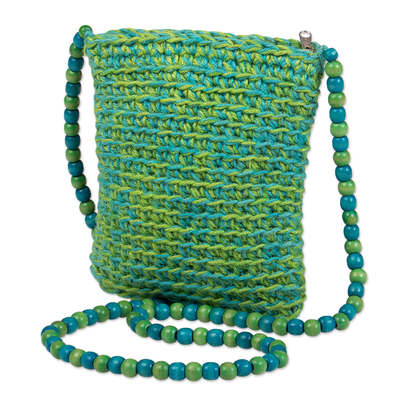Jute knit bag, 'Beauty in Green' - Green and Turquoise Bag Knit from Jute with Cheesewood Beads