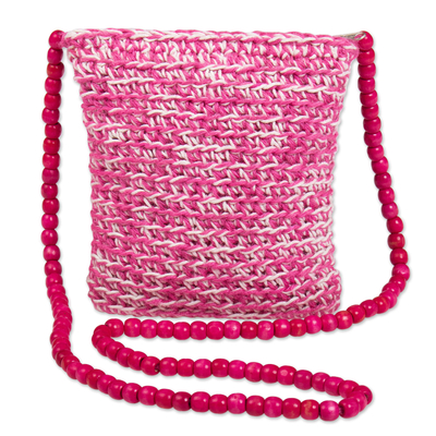 Fuchsia and White Bag Knit from Jute with Cheesewood Beads