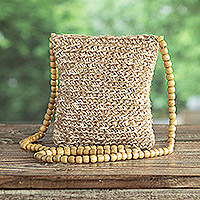 Jute knit shoulder bag, 'Beauty in Beige' - Beige and Ivory Bag Knit from Jute with Cheesewood Beads