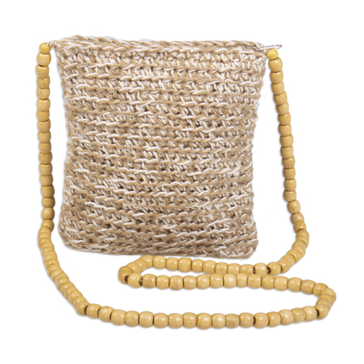 Beige and Ivory Bag Knit from Jute with Cheesewood Beads