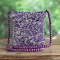 Jute knit shoulder bag, 'Beauty in Purple' - Purple and White Bag Knit from Jute with Cheesewood Beads
