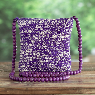 Purple and White Bag Knit from Jute with Cheesewood Beads - Beauty