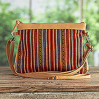 Leather-accented shoulder bag, ‘Colorful Warmth’ - Handcrafted Leather-Accented Shoulder Bag from Peru