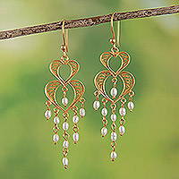 Freshwater cultured pearl chandelier earrings, 'Heart Filigree' - Cultured Pearls and Gold-plated Filigree Chandelier Earrings