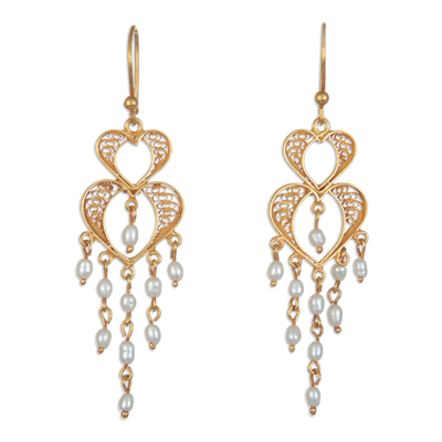 Freshwater cultured pearl chandelier earrings, 'Heart Filigree' - Cultured Pearls and Gold-plated Filigree Chandelier Earrings
