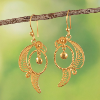 Gold plated sterling silver filigree dangle earrings, 'Parrot Kingdom' - Peruvian 24k Gold Plated Sterling Silver Filigree Earrings