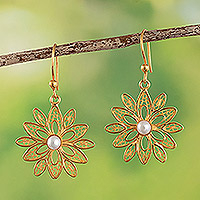 Cultured pearl dangle earrings, 'Floral Filigree' - Cultured Pearls Gold-plated Filigree Floral Dangle Earrings