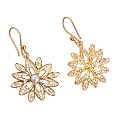 Cultured pearl dangle earrings, 'Floral Filigree' - Cultured Pearls Gold-plated Filigree Floral Dangle Earrings