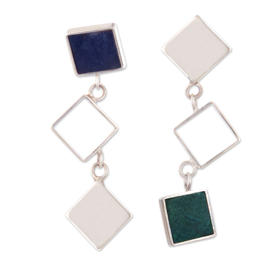 Sodalite and chrysocolla dangle earrings, 'Geometry Rain' - Sodalite and Chrysocolla Sterling Silver Dangle Earrings