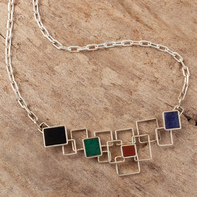 Halskette mit Anhänger aus mehreren Edelsteinen, „Einblick ins Universum“ - Halskette mit Anhänger aus peruanischem 925er-Sterlingsilber mit mehreren Edelsteinen