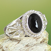 Obsidian cocktail ring, 'Radiant Elegance' - Peru Ornate Silver and Obsidian Single Stone Ring