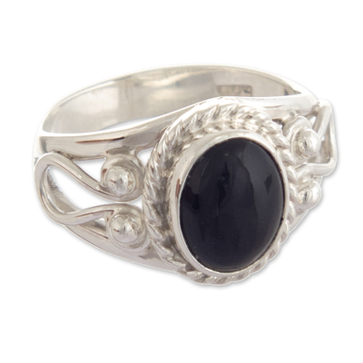 Peru Ornate Silver and Obsidian Single Stone Ring