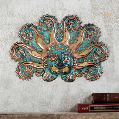 Máscara de cobre y bronce, 'Pulpo solar' - Máscara de pared decorativa hecha a mano de cobre y bronce peruano