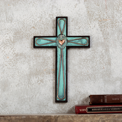 Wood wall cross, 'Cross and Heart' - Wood Cross for Wall with Copper and Bronze Accents from Peru