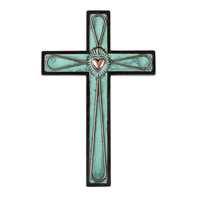 Wood Cross for Wall with Copper and Bronze Accents from Peru