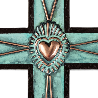 Wood wall cross, 'Cross and Heart' - Wood Cross for Wall with Copper and Bronze Accents from Peru