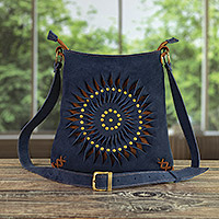 Suede shoulder bag, 'Water Spiral' - Suede Shoulder Bag in Blue with Adjustable Strap from Peru
