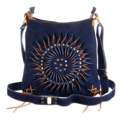 Suede shoulder bag, 'Ripple Effect in Navy' - Suede Shoulder Bag in Blue with Adjustable Strap from Peru