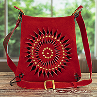 Suede shoulder bag, 'Warm Spiral' - Suede Shoulder Bag in Red with Adjustable Strap from Peru