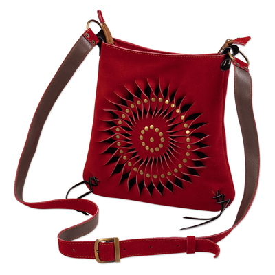 Suede shoulder bag, 'Warm Spiral' - Suede Shoulder Bag in Red with Adjustable Strap from Peru