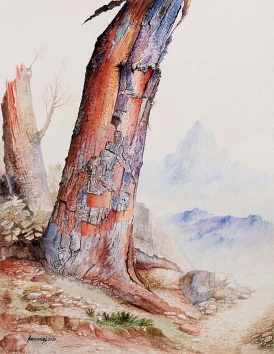 'Old Trunk' - Pintura de árbol original firmada de Perú