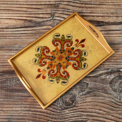 Reverse-painted glass tray, 'Golden Era' - Handcrafted Glass Serving Tray