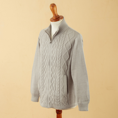 Men's 100% alpaca zipper cardigan, 'Cozy Pearl Grey' - Pearl Grey Alpaca Cable Knit Men's Cardigan with Zipper